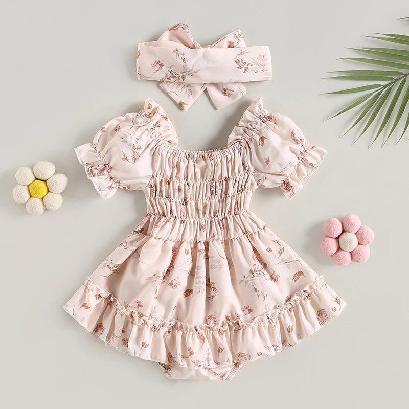 Delilah - Floral Print Ruffle Baby/Toddler Romper with Headband