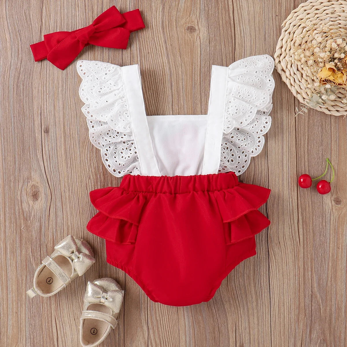 Bella - Strawberry Ruffled Baby/Toddler Romper & Headband Set