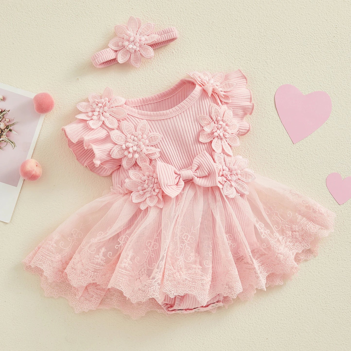 Lottie - Floral Lace Baby/Toddler Romper Dress with Headband