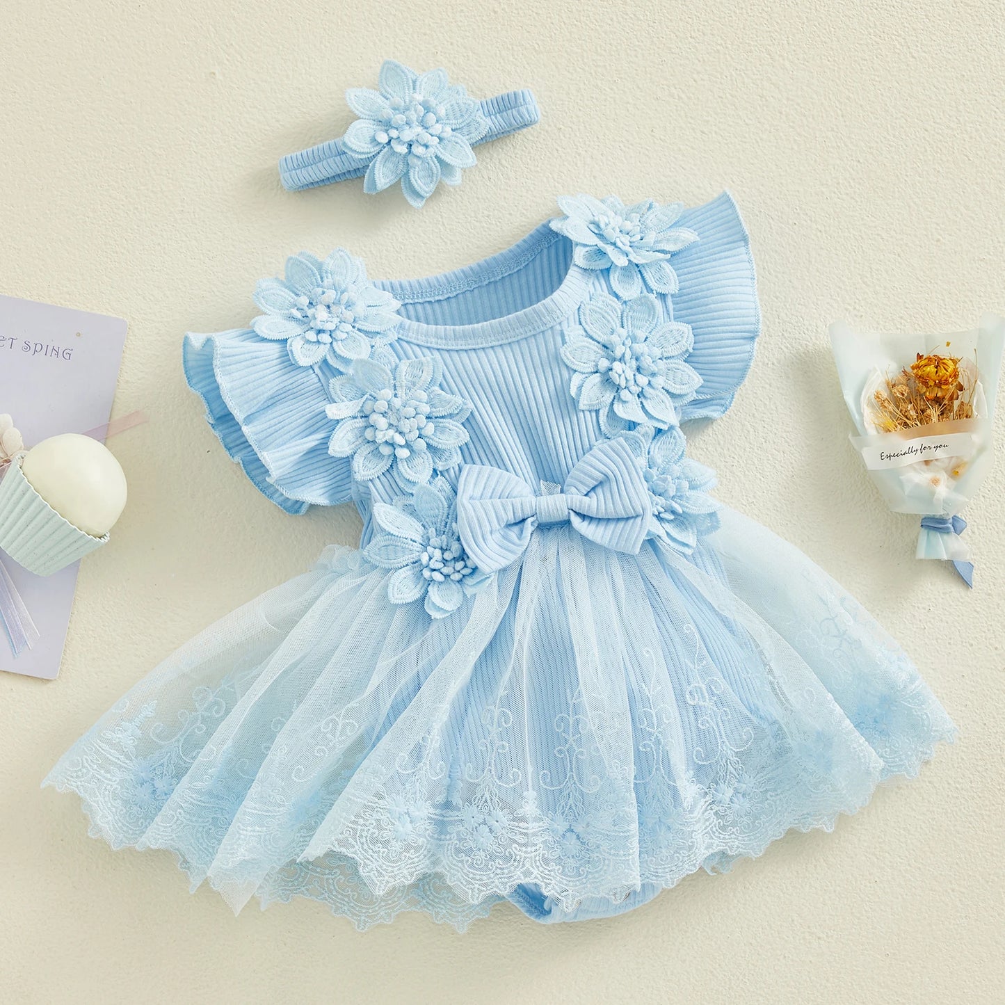 Lottie - Floral Lace Baby/Toddler Romper Dress with Headband