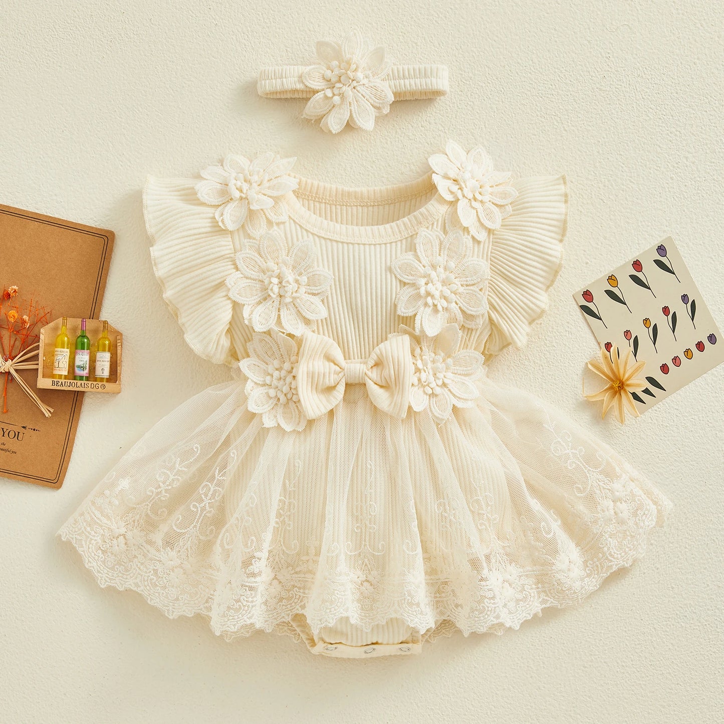 Lottie - Floral Lace Baby/Toddler Romper Dress with Headband