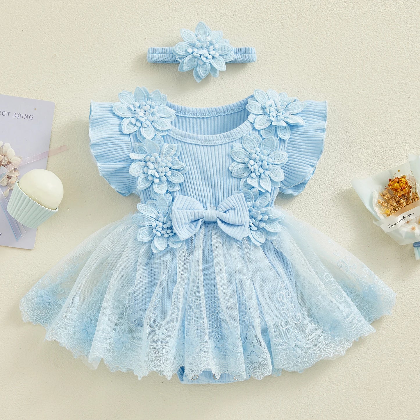 Lottie - Floral Lace Baby/Toddler Romper Dress with Headband