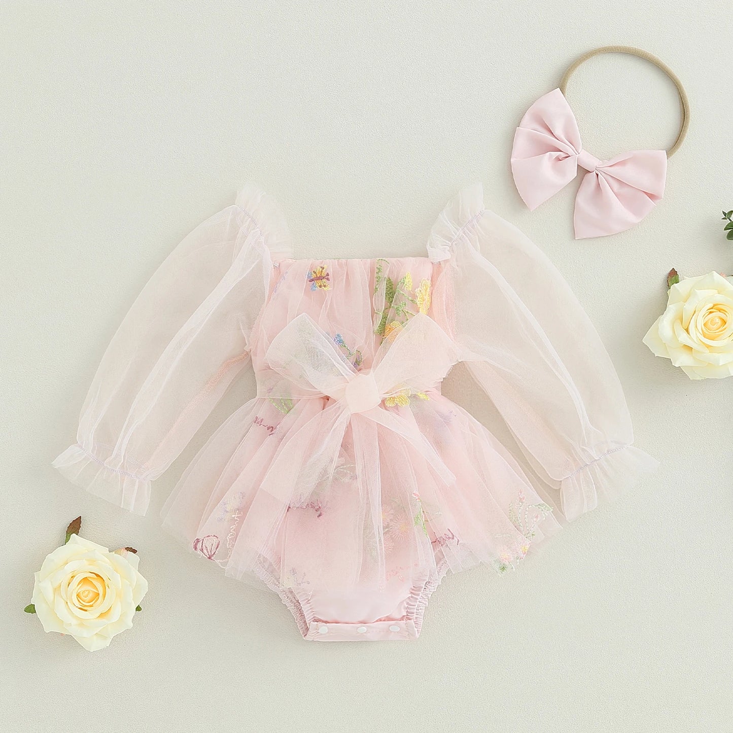 Jasmine - Floral Tulle Baby/Toddler Romper with Headband