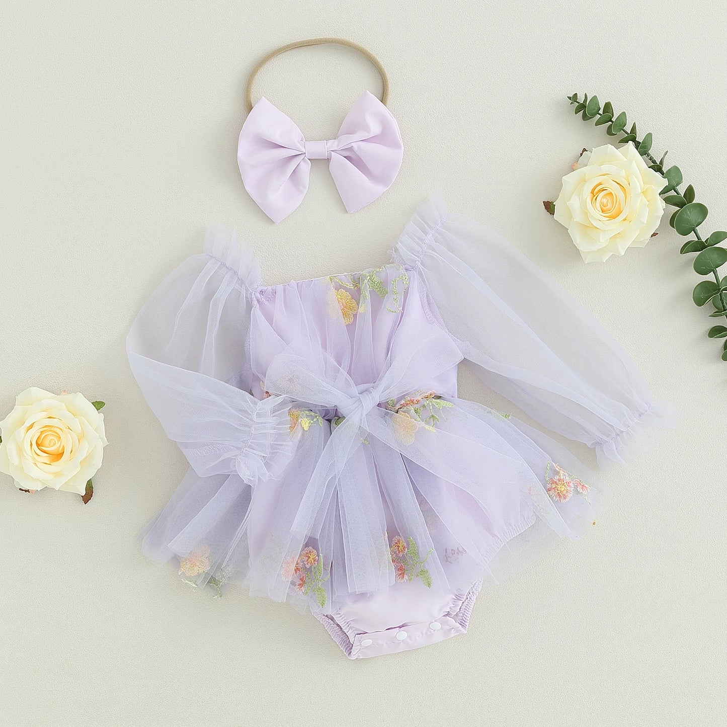 Jasmine - Floral Tulle Baby/Toddler Romper with Headband