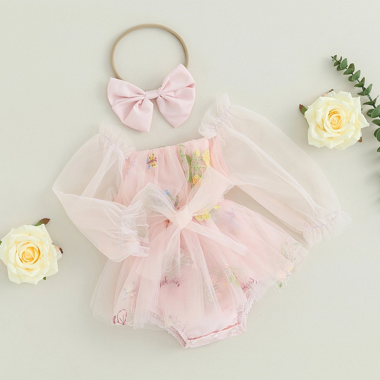 Jasmine - Floral Tulle Baby/Toddler Romper with Headband