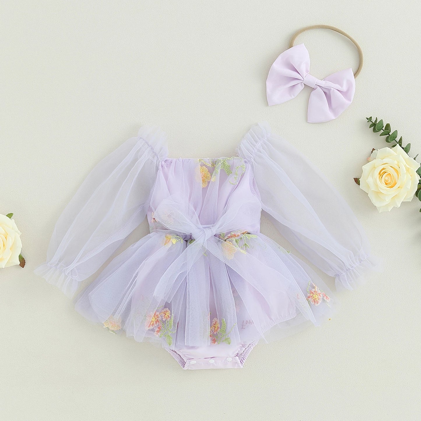 Jasmine - Floral Tulle Baby/Toddler Romper with Headband