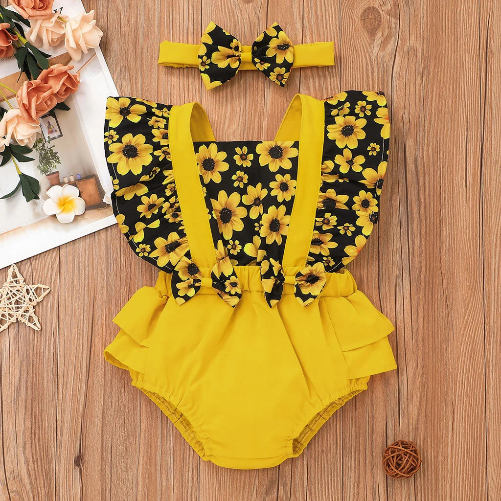 Sunny - Sunflower Ruffle Baby/Toddler Romper with Headband Set