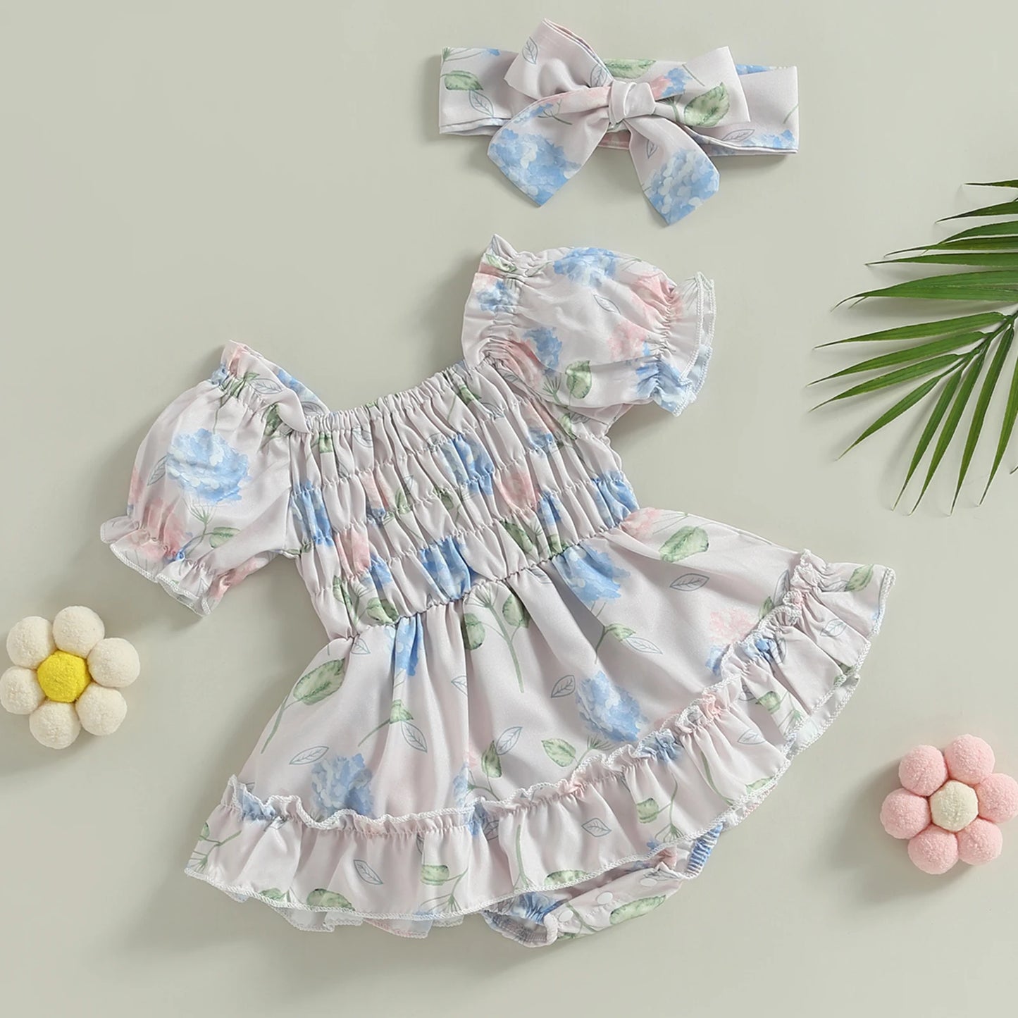 Delilah - Floral Print Ruffle Baby/Toddler Romper with Headband