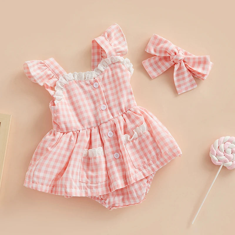 Poppy - Plaid Ruffle Baby/Toddler Romper with Bow Headband