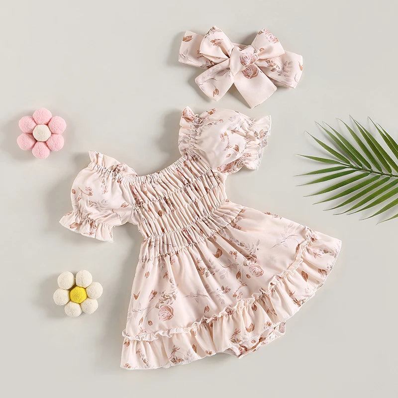 Delilah - Floral Print Ruffle Baby/Toddler Romper with Headband