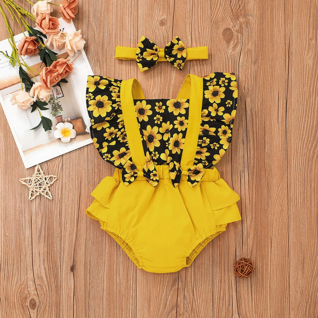 Sunny - Sunflower Ruffle Baby/Toddler Romper with Headband Set