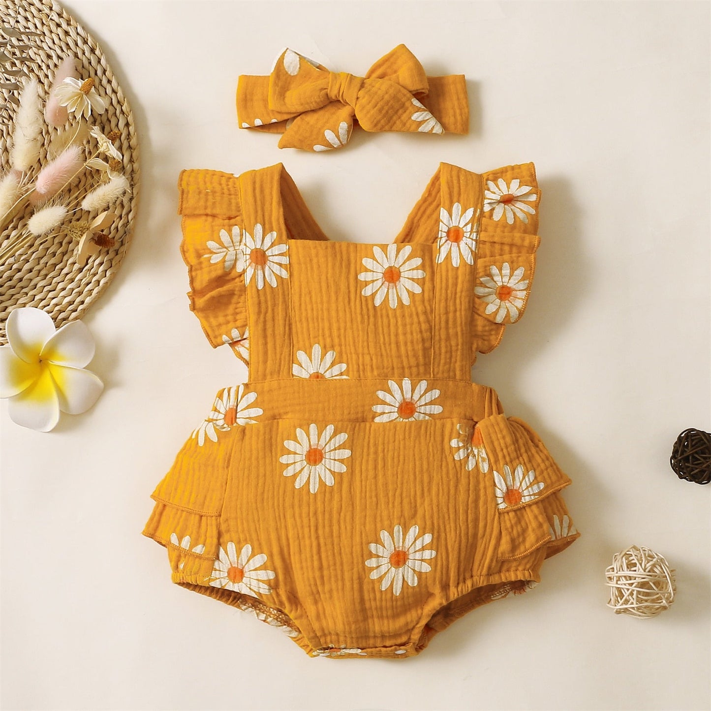 Summer - Daisy Print Crepe Fabric Baby Romper Set