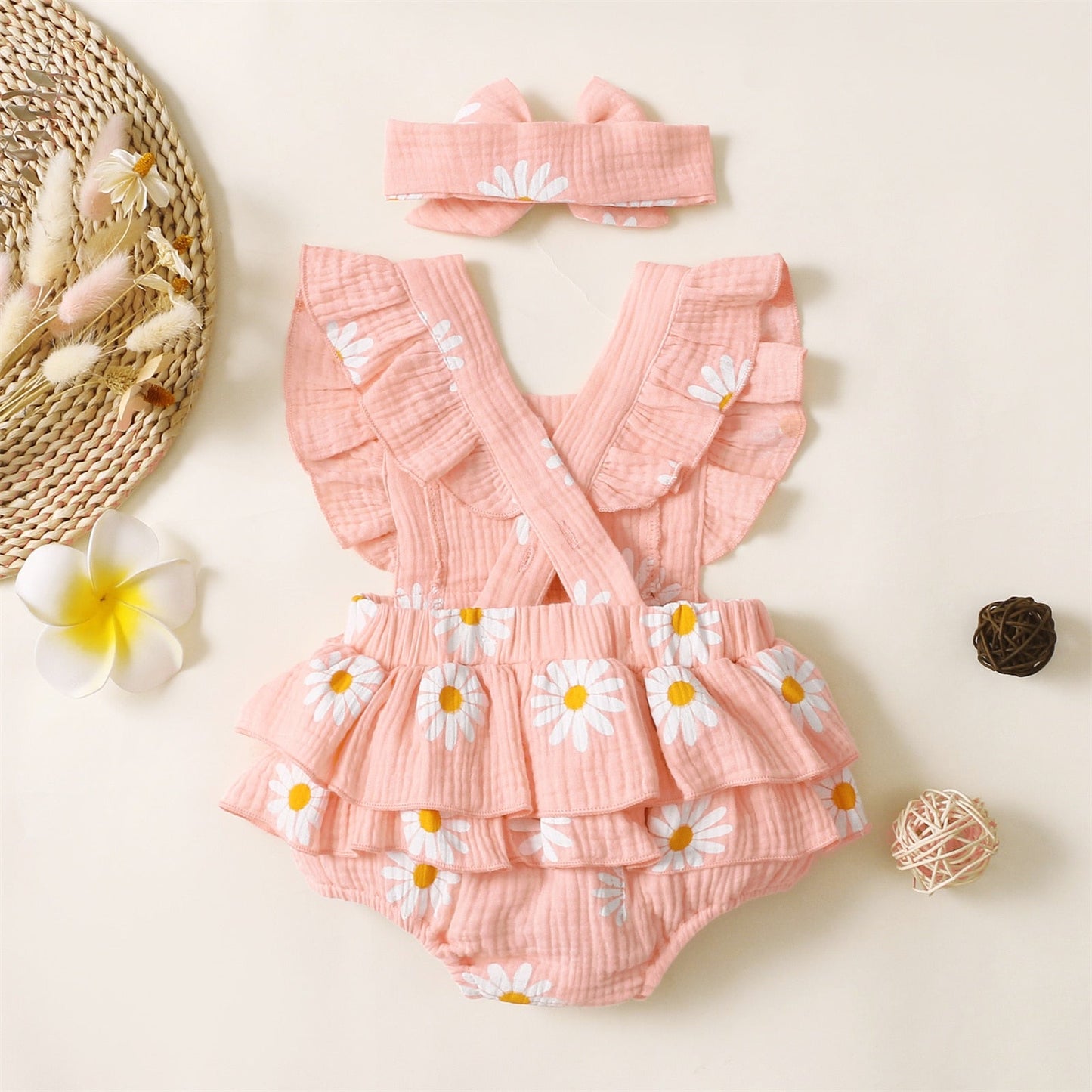 Summer - Daisy Print Crepe Fabric Baby Romper Set