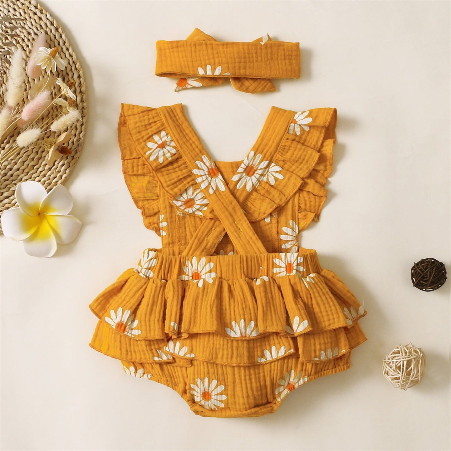 Summer - Daisy Print Crepe Fabric Baby Romper Set