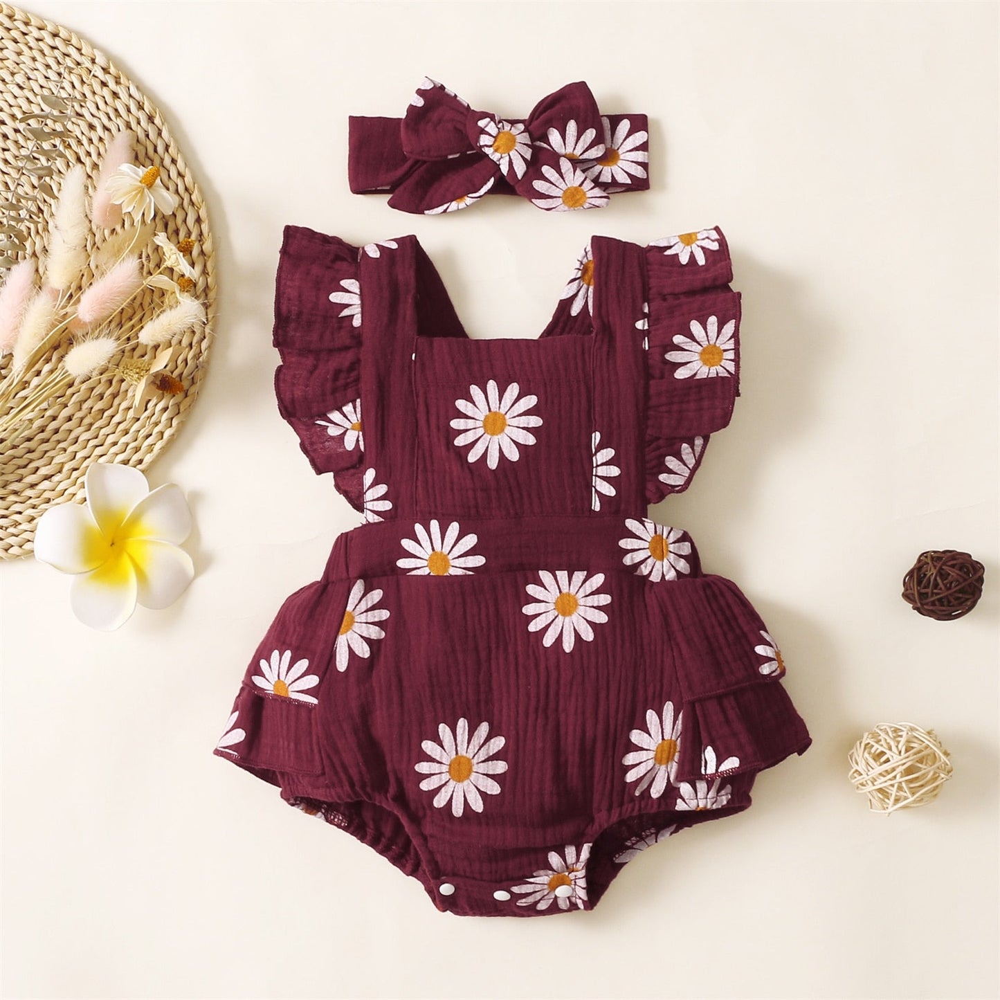 Summer - Daisy Print Crepe Fabric Baby Romper Set