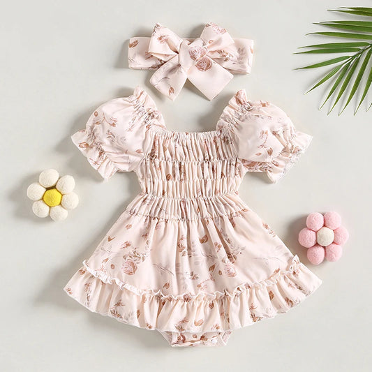 Delilah - Floral Print Ruffle Baby/Toddler Romper with Headband