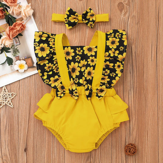 Sunny - Sunflower Ruffle Baby/Toddler Romper with Headband Set