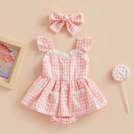 Poppy - Plaid Ruffle Baby/Toddler Romper with Bow Headband