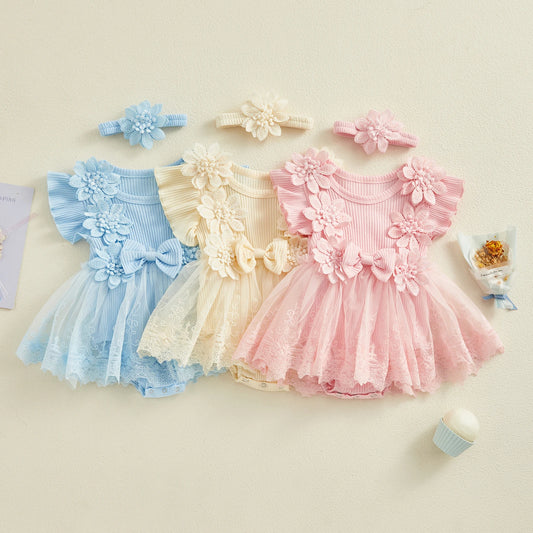 Lottie - Floral Lace Baby/Toddler Romper Dress with Headband