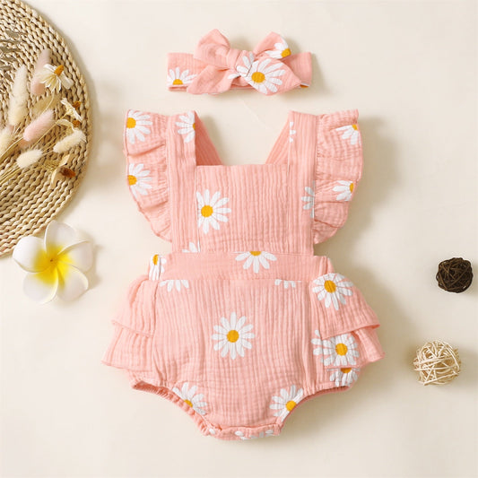 Summer - Daisy Print Crepe Fabric Baby Romper Set