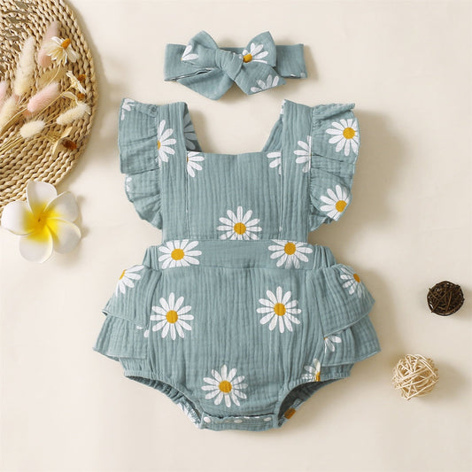 Summer - Daisy Print Crepe Fabric Baby Romper Set